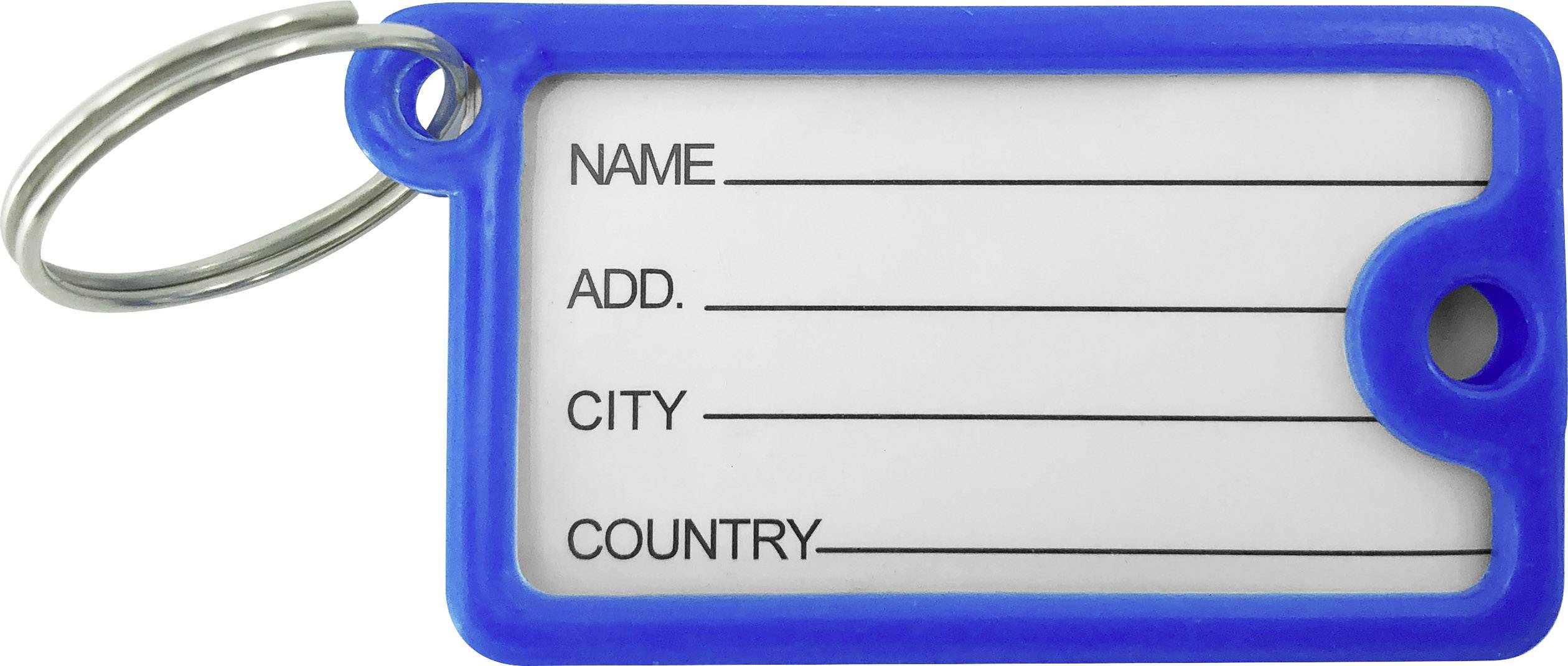 A writable blue luggage tag with lines for 'Name', 'Add.', 'City' and 'Country'.