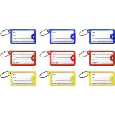 Nine colourful address tags in blue, red and yellow, each with fields for 'Name', 'Address', 'City', 'Country', and key ring.
