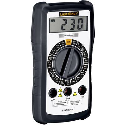A digital multimeter with a large display shows '230'. It has multiple measurement options and black rotary knob controls.