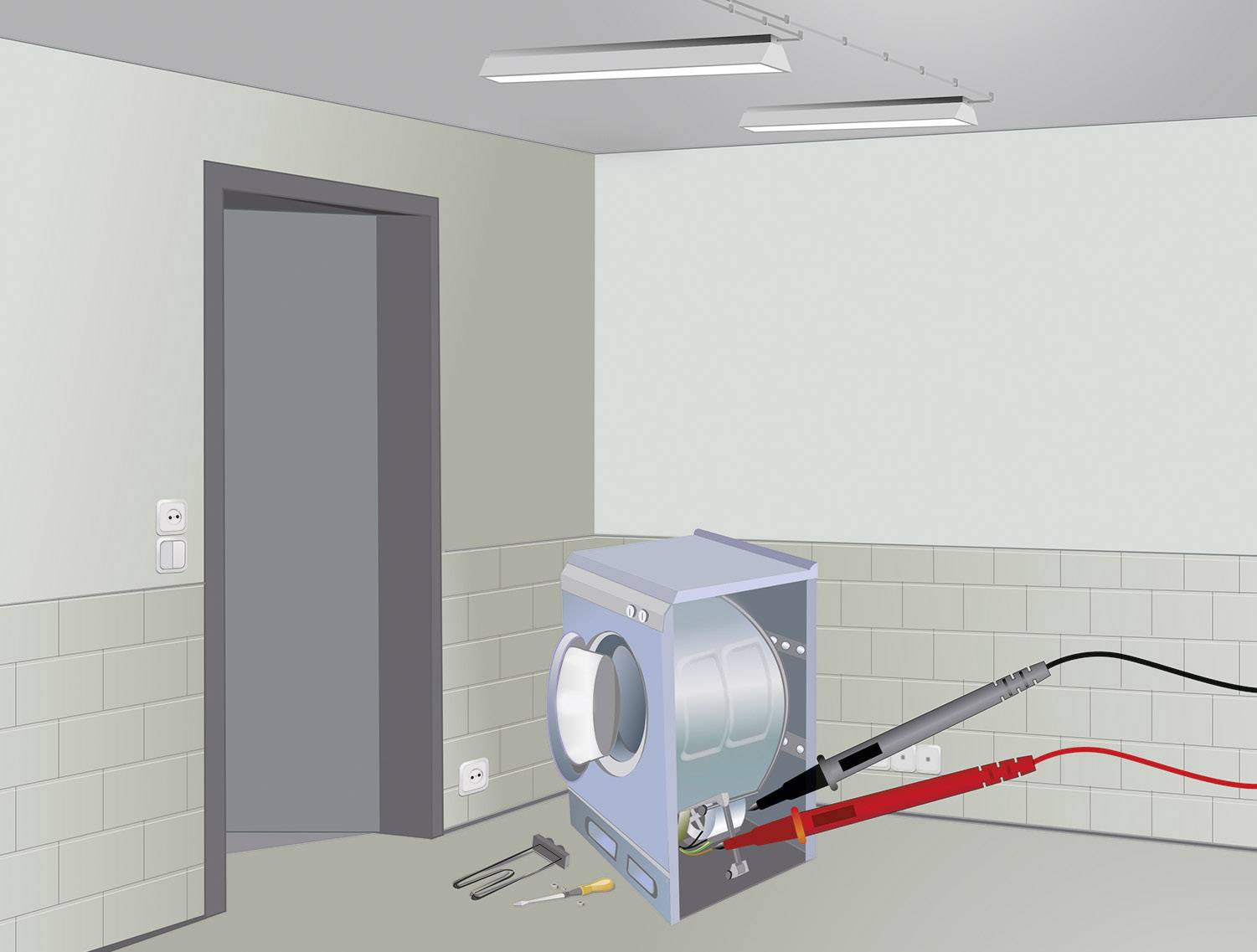 Washing machine in a room with screwdrivers and measuring leads beside it, potentially indicating a repair or maintenance situation.