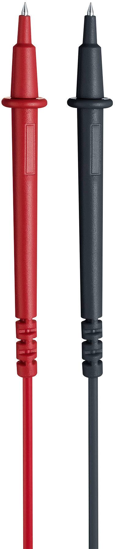 A red and a black test lead for a multimeter; commonly used to measure electrical voltages or resistances.