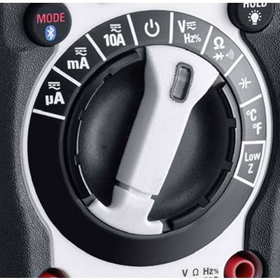 Multimeter rotary switch set to 'OFF', surrounded by modes such as voltage, resistance, current, with blue and red function buttons at the top.