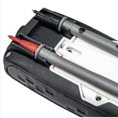 A multimeter with two connected test leads. The test probes are securely placed in a holder on the device.