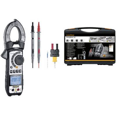 A digital calliper with accessories and carry case. The display shows '0.9873'. Measuring leads on the left, case on the right.