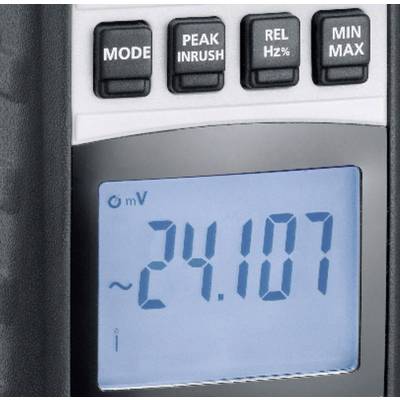 Digital measuring device with display '24.107 mV'. Top buttons for 'Mode', 'Peak Inrush', 'Rel Hz%', 'Min Max'.