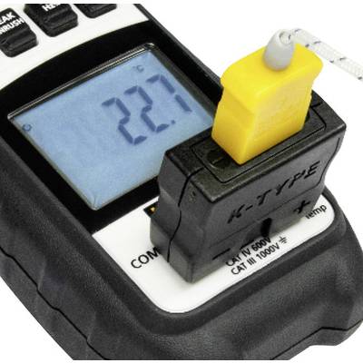 A digital thermometer shows a temperature of 22.7 degrees Celsius. A yellow sensor is connected.