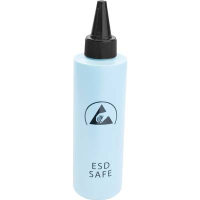 Small light blue bottle with a black cap, labelled 'ESD SAFE' and featuring a symbol indicating electrostatic discharge.