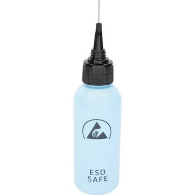 Blue bottle with a black cap and needle, labelled with 'ESD SAFE' and an ESD warning symbol, indicates antistatic properties.