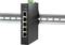 'A black network switch with five Ethernet ports, mounted on a metal rail.'