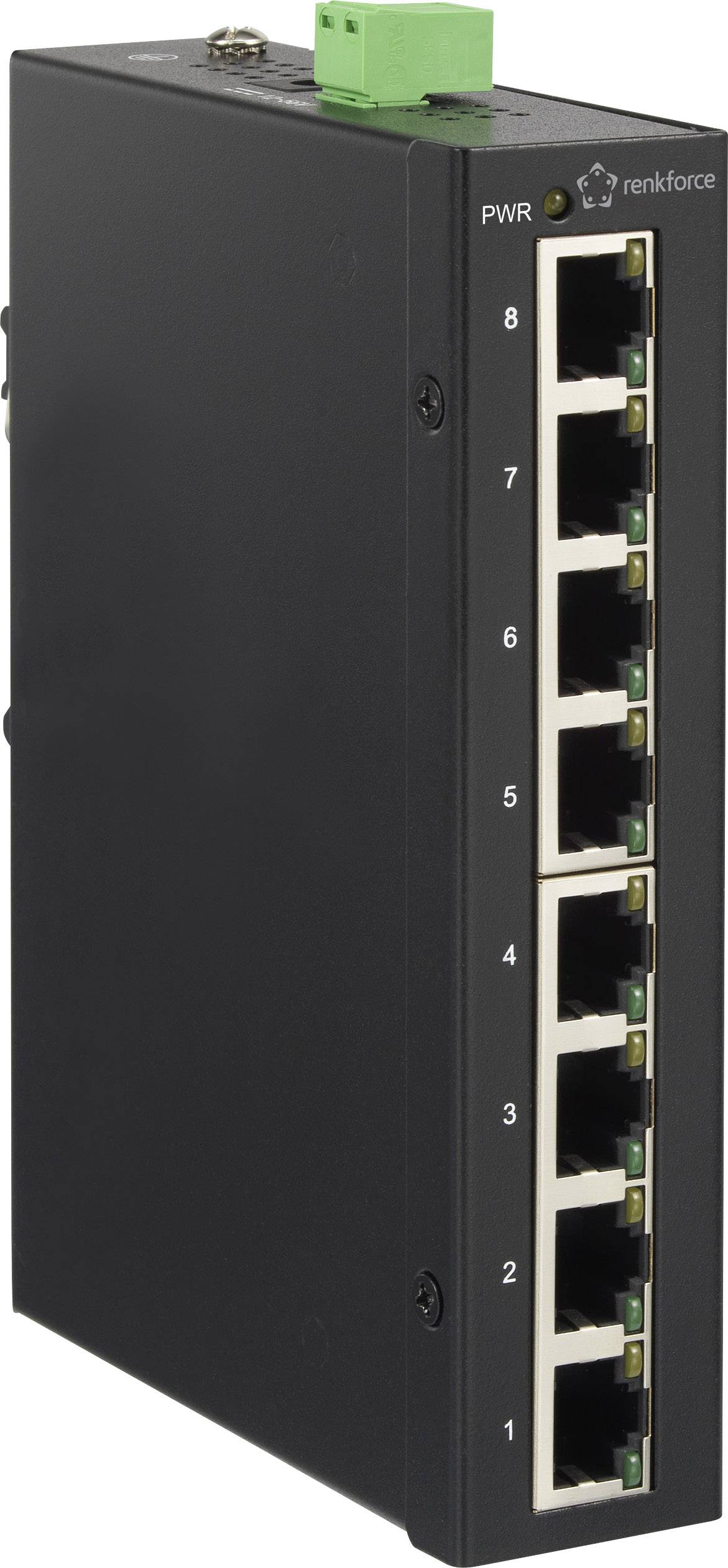 A compact, black network switch with eight Ethernet ports and a green power connection on top. Suitable for industrial applications.