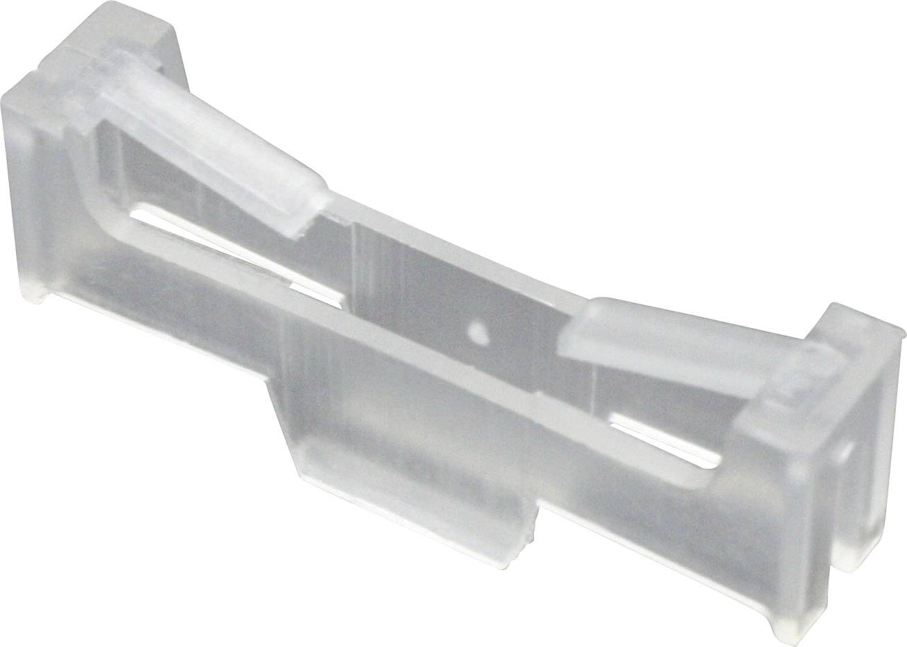 Transparent plastic mounting bracket for electronic components with a rectangular design and two slots for cable retention.