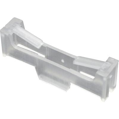 Transparent plastic mounting bracket for electronic components with a rectangular design and two slots for cable retention.