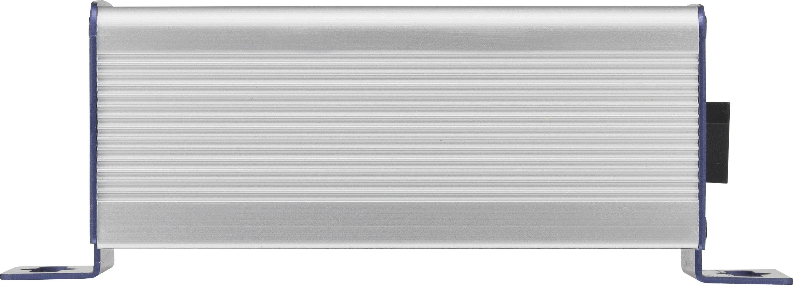 A rectangular metal enclosure with horizontal grooves and two blue mounting brackets at the ends.