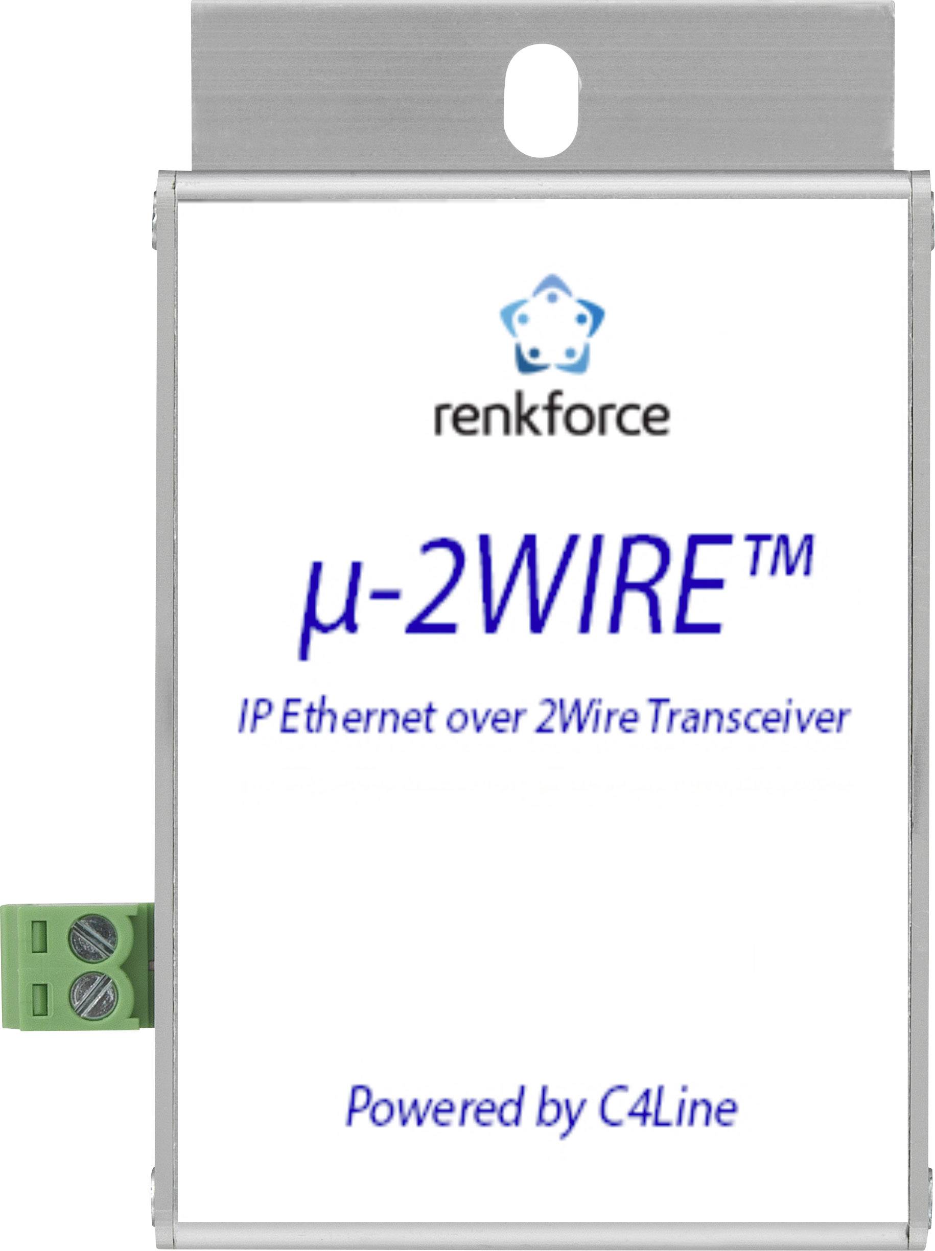 'Renkforce μ-2WIRE™: IP Ethernet over 2-Wire Transceiver.' - Product packaging shows a communications device, powered by C4Line.