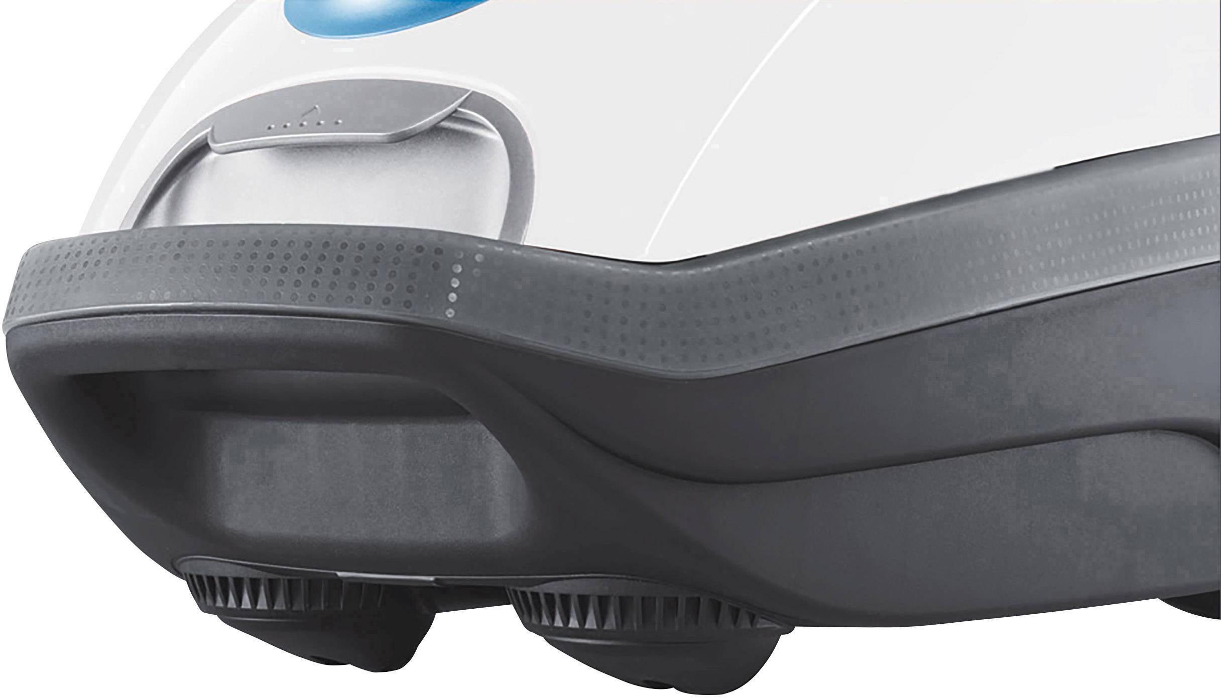 Close-up of a modern vacuum cleaner with smooth, rounded edges and dark rubber wheels.