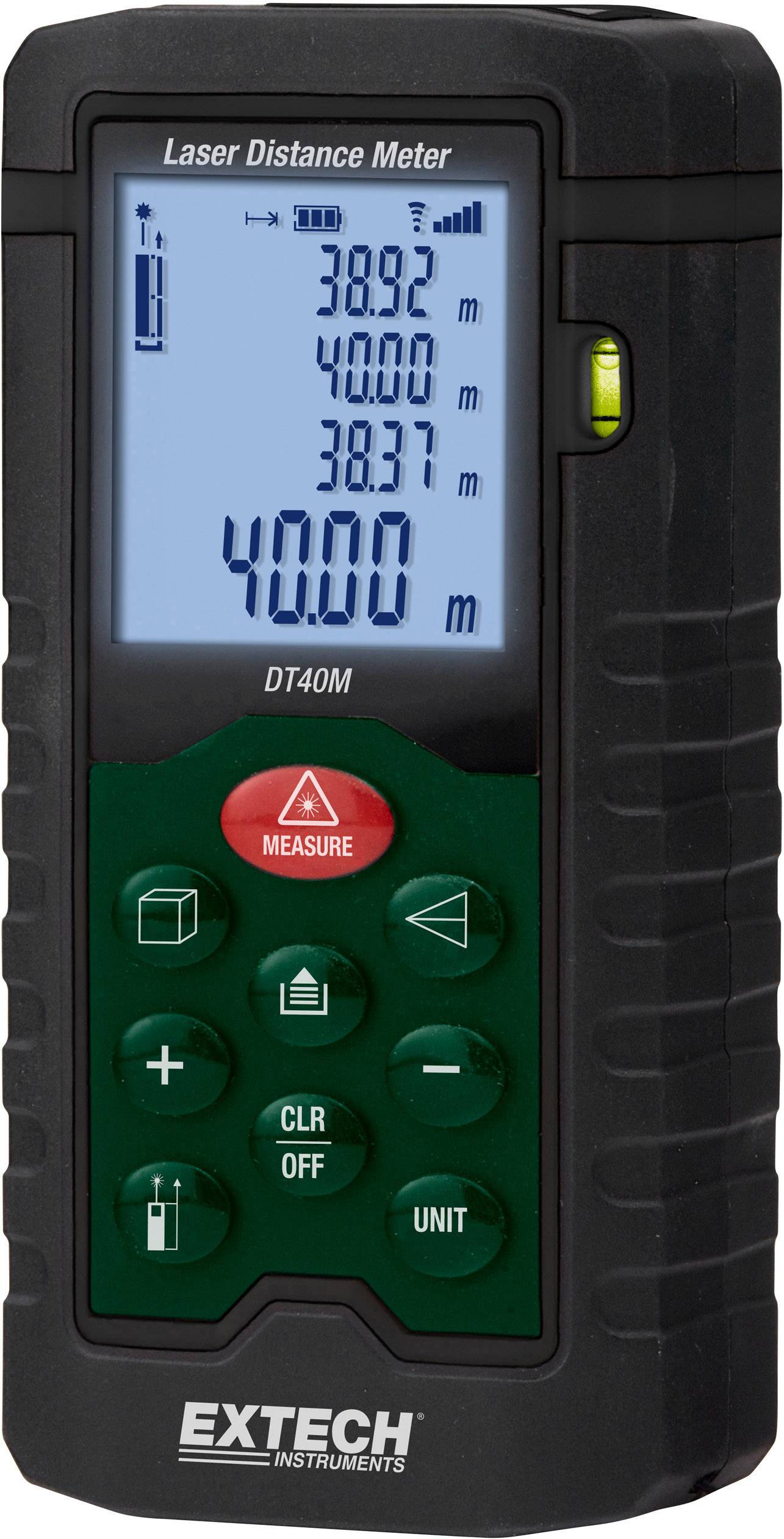 Laser distance meter with display showing measurement values in metres (38.92 m, 40.00 m, 38.37 m). Device button 'MEASURE'.