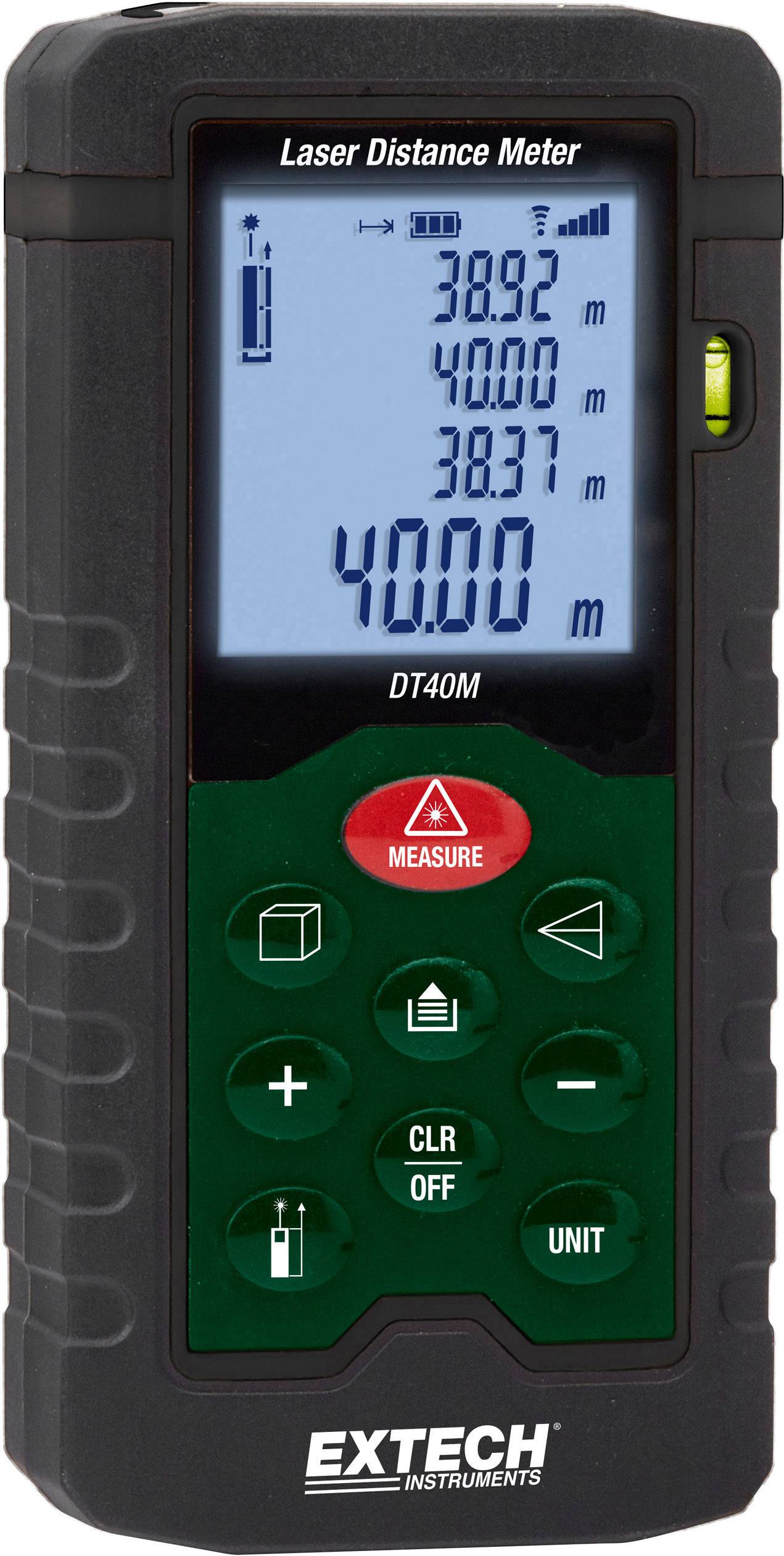 Laser distance meter with display shows measurements in metres. Central red 'MEASURE' symbol, green function buttons underneath.