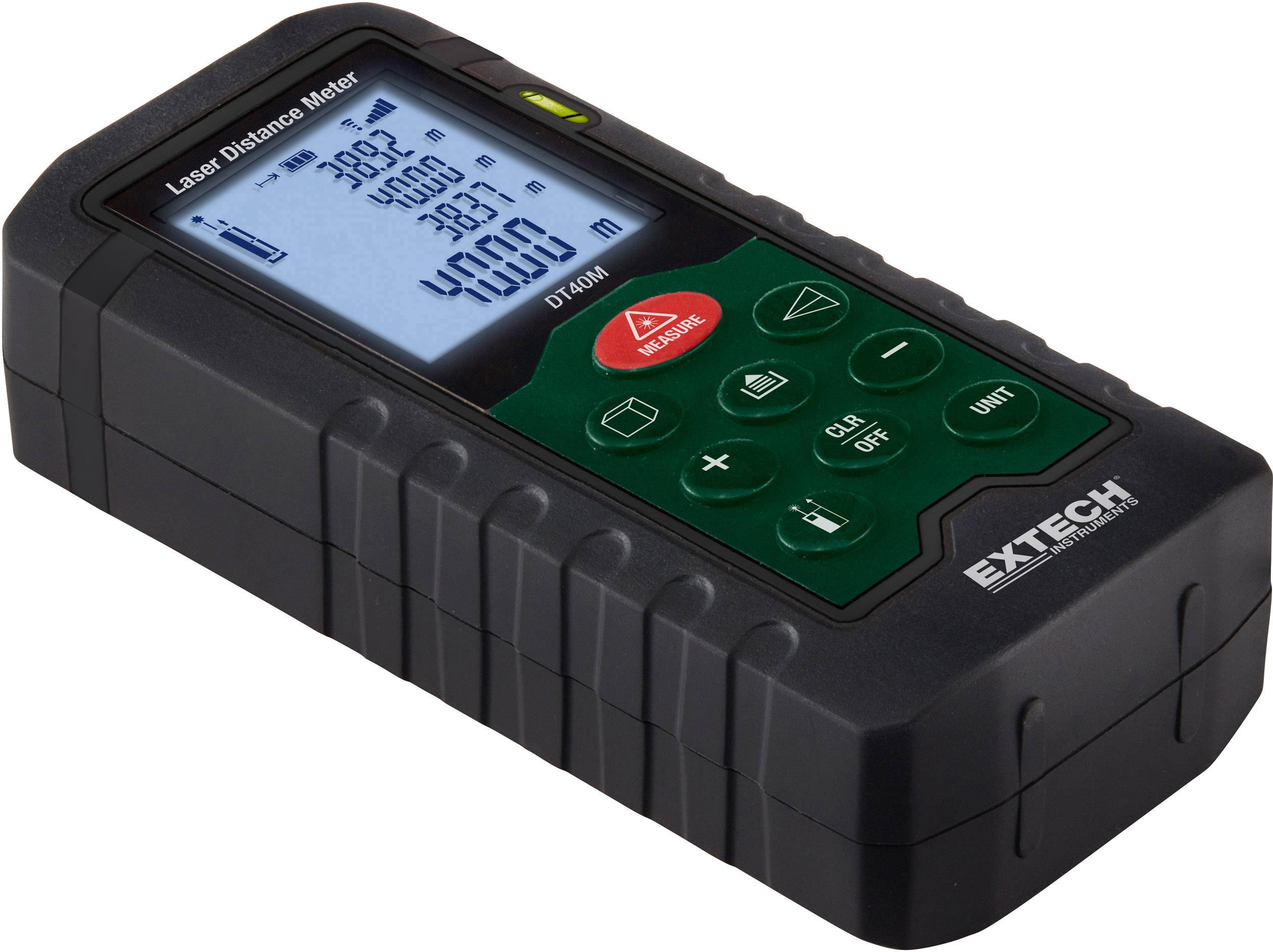 Laser distance measuring device with digital display showing '3.802 m'. Device has multiple control buttons and the 'EXTECH' logo.
