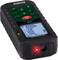 A laser rangefinder with digital display, showing measured distance and numerical values. Red laser light illuminates from the front.