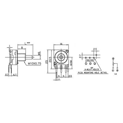 'Technical drawing of a potentiometer with dimensions. Shows side view, top view, and printed circuit board drilling details.'