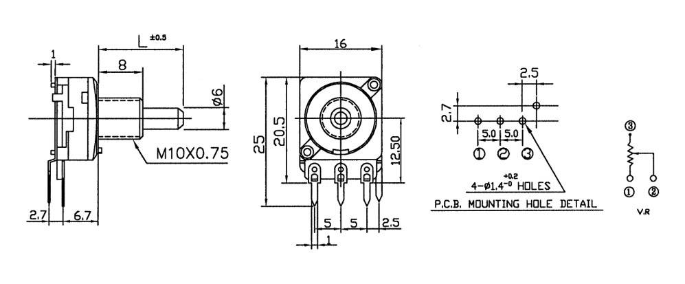 Technical drawing of a potentiometer with dimensions. Front view shows mounting holes and connections, side view with M10x0.75 thread.