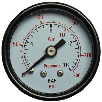A circular pressure gauge shows a pressure of 3 bar and approximately 40 PSI. The scale ranges from 0 to 16 bar and 0 to 230 PSI.