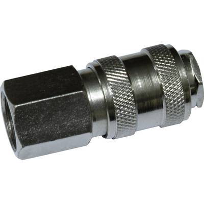 Metal quick-release coupling plug, cylindrical in shape, with knurled surface for improved grip, used in hydraulic systems.