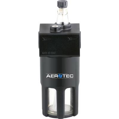 Compressed air filter with black housing and sight glass at the bottom. A pressure regulator is located at the top. Brand name 'AEROTEC' on the front.