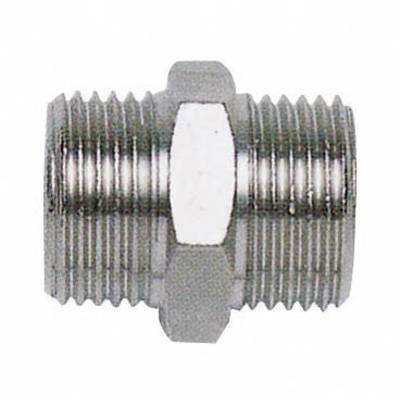 Cylindrical metal connector with external thread on both ends, suitable for water or gas pipelines.