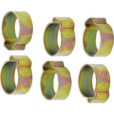 Six colourful, metallic spring clips, symmetrically arranged.