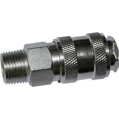 A silver-coloured, metallic adapter with a knurled surface and threading, likely a pipe or hose connector.