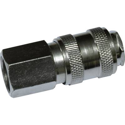 Metal coupling with knurled surface, cylindrical shape, and hexagonal connection at one end, suitable for compressed air systems.
