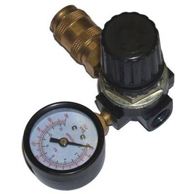 'Pressure regulator with pressure gauge, rotary knob and two brass connections for pressure adjustment and monitoring in compressed air systems.'