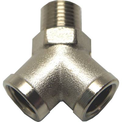 Metal T-piece with three threaded connections, used for connecting pipelines in a hydraulic system.