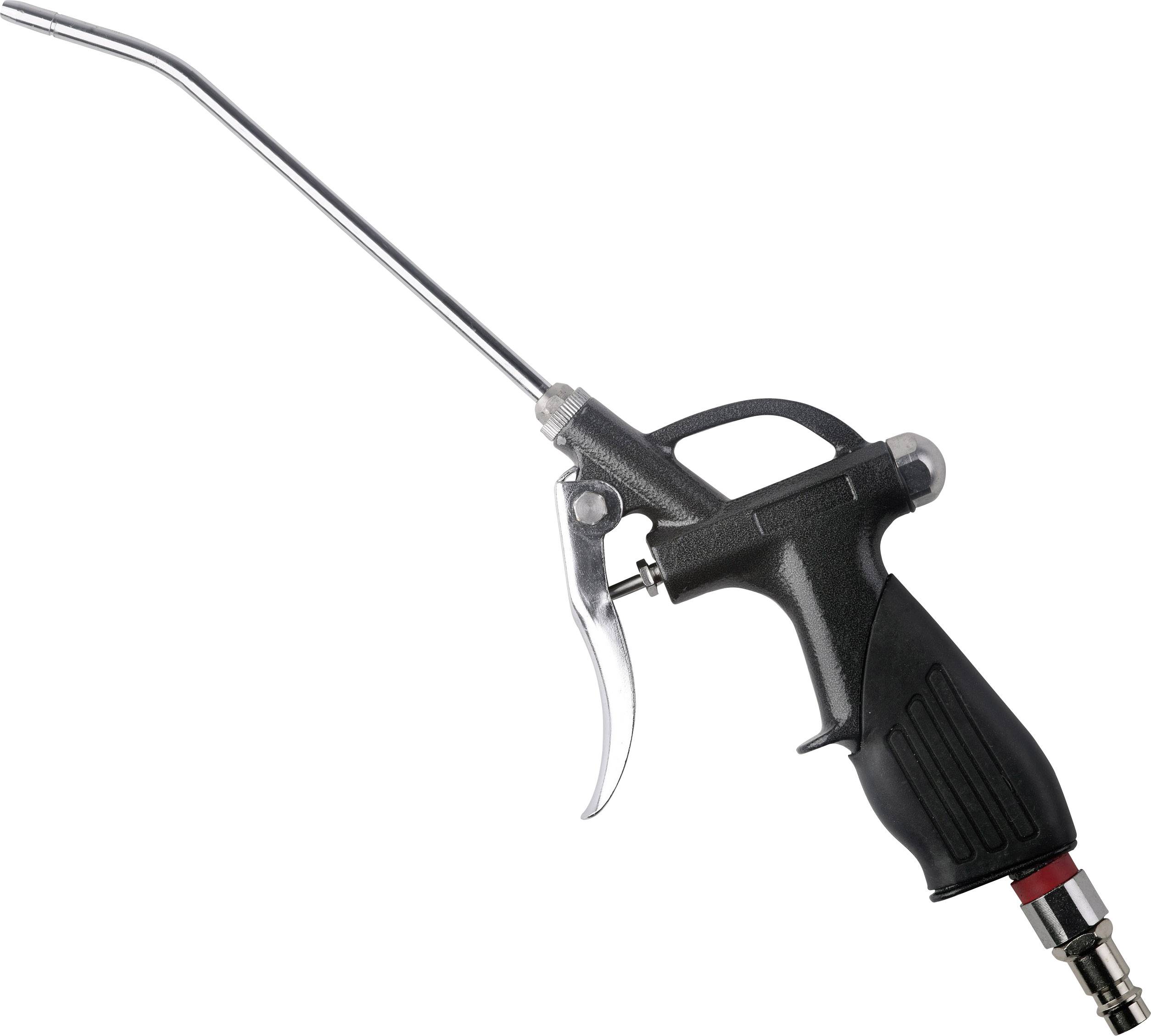 Compressed air spray gun with ergonomic handle and long metal nozzle. Suitable for cleaning hard-to-reach areas.