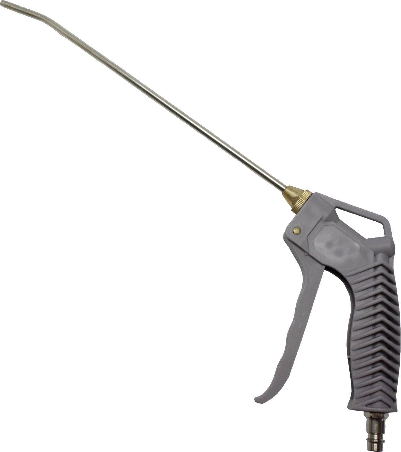 Grey compressed air gun with a long, narrow metal barrel and ergonomic handle. Used for cleaning or removing dust.