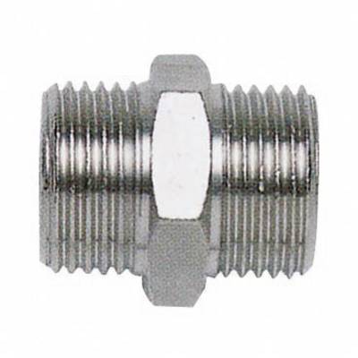 Metal adaptor with double-sided external thread, used for connecting pipes or hoses in hydraulic or pneumatic systems.