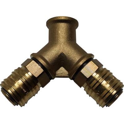 A Y-shaped brass water distributor with two separate outlets, perfect for simultaneously using two water hoses.