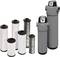 Various filters and two grey filter housings, made of metal and plastic, shown in a product presentation.
