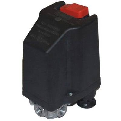 Black pressure switch with red button, cylindrical in shape, standing upright. Used in pneumatic systems for pressure regulation.