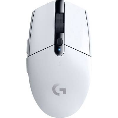 A white, wireless computer mouse with a scroll wheel and a glowing blue indicator.