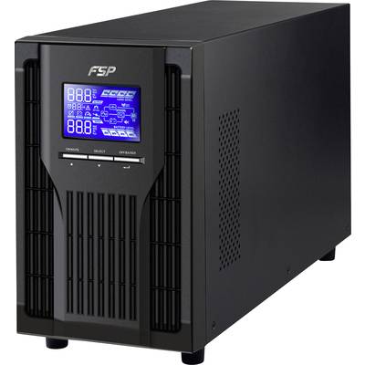 Black uninterruptible power supply (UPS) device with a blue display showing performance information. Suitable for emergency power supply and voltage regulation.