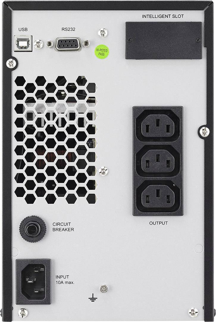 Back of a UPS device with USB and RS232 ports, three socket outlets for outputs, switch, fuse and mains plug connection.