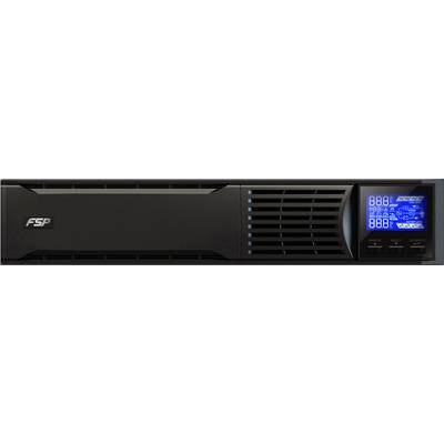 Black uninterruptible power supply (UPS) with blue display and three buttons. Displays power status and other data.