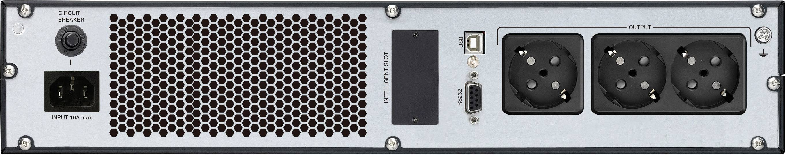 Back of an electronic device with ventilation slots, power switch, two power inputs, and multiple connection ports.