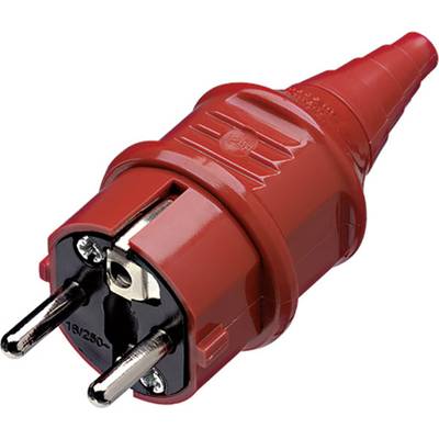 Red earthed plug with metallic contact pins, suitable for high current loads.