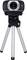 Black webcam on a silver tripod, photographed from the front.