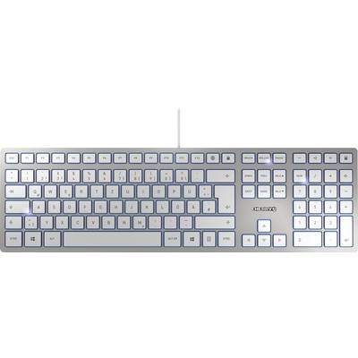 Silver, wired computer keyboard with white backlighting. German QWERTZ key layout and function keys along the top.