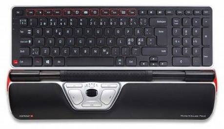 Keyboard with integrated ergonomic wrist rest. Designed to reduce wrist strain in office applications.