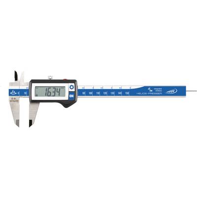 Digital calliper displays measurement '16.34' on screen, made of metal with blue ruler.